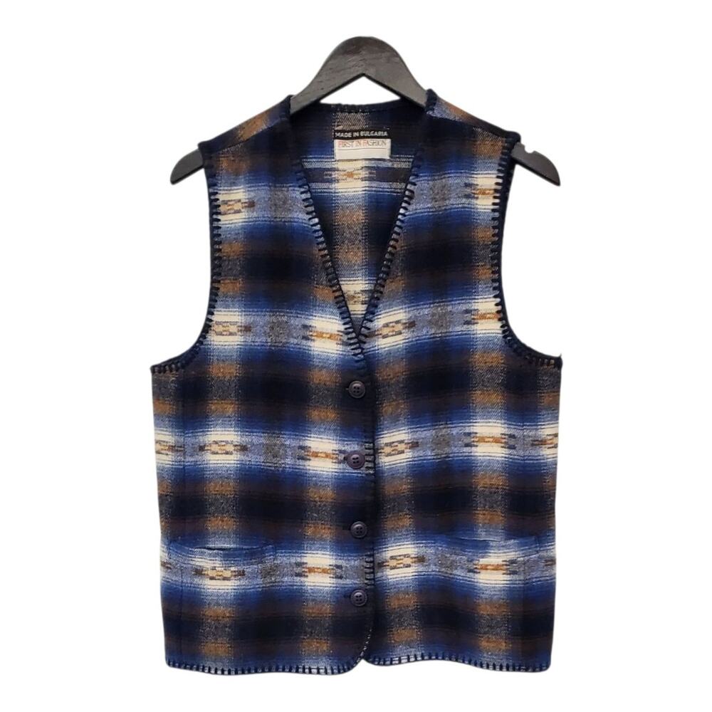 First In Fashion Collectible Blue Plaid Wool Vest Large - Picture 1 of 10
